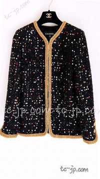 CHANEL 22S Black Sequined Gold Trim Tweed Jacket 36 38 シャネル ブラック スパンコール ゴールド トリム ジャケット 即発