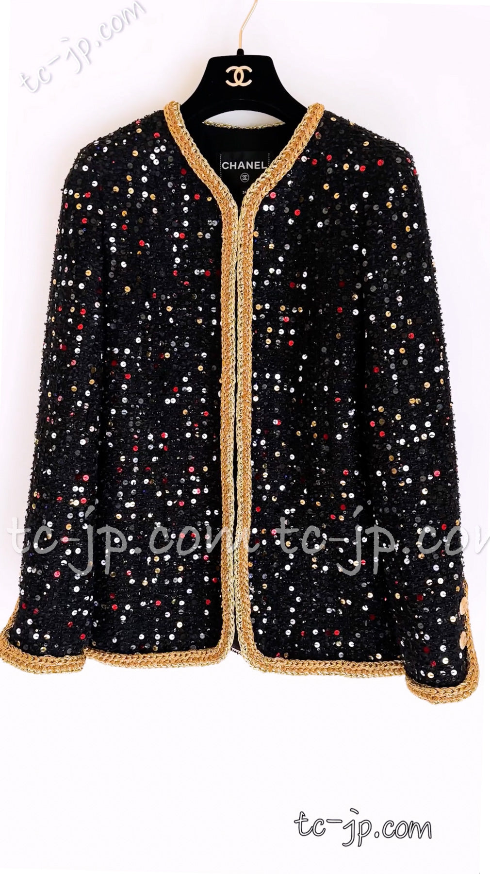 CHANEL 22S Black Sequined Gold Trim Tweed Jacket 36 38 シャネル ブラック スパンコール ゴールド トリム ジャケット 即発