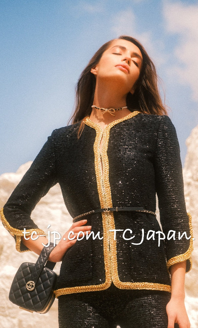 CHANEL 22S Black Sequined Gold Trim Tweed Jacket 36 38 シャネル ブラック スパンコール ゴールド トリム ジャケット 即発