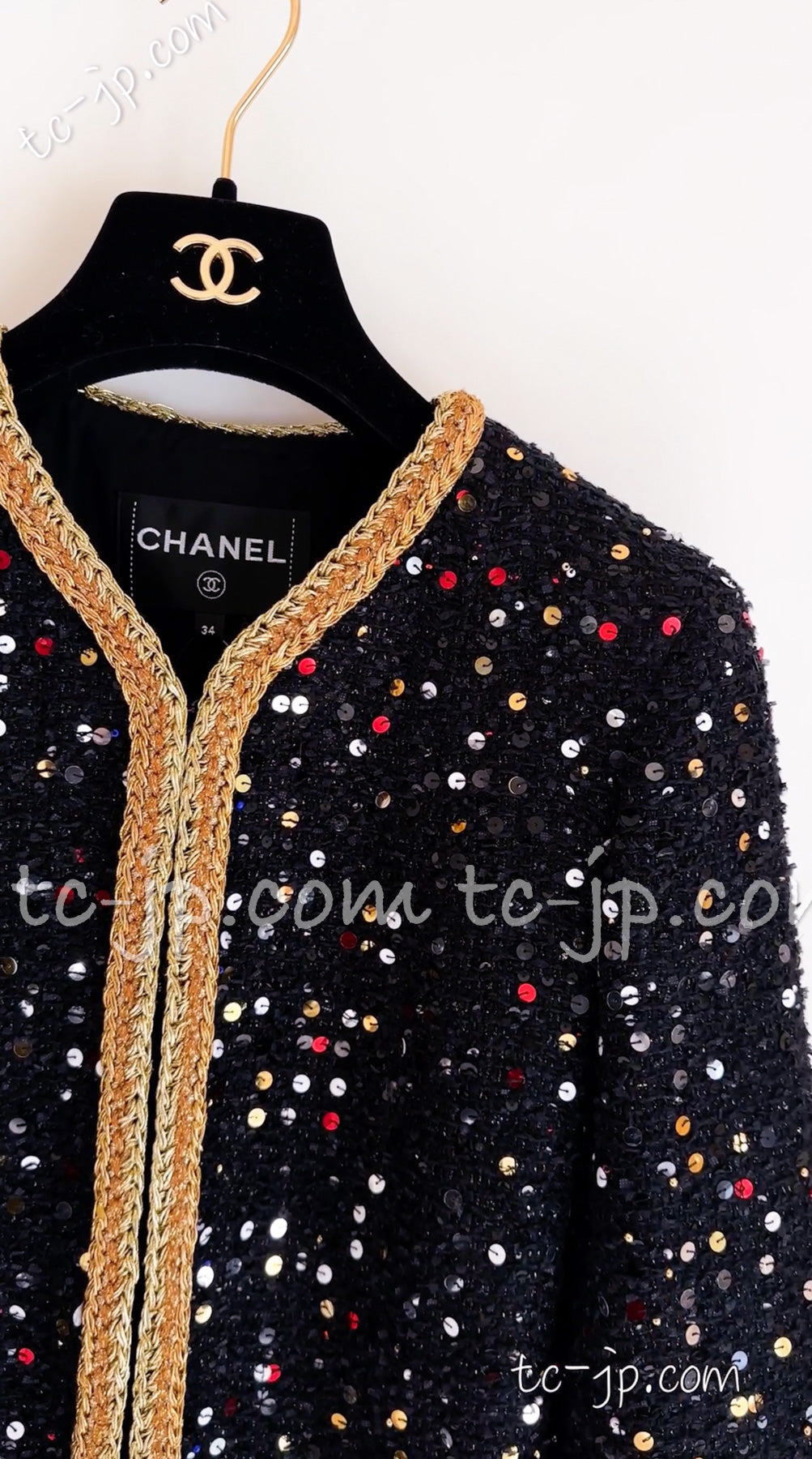 CHANEL 22S Black Sequined Gold Trim Tweed Jacket 36 38 シャネル ブラック スパンコール ゴールド トリム ジャケット 即発
