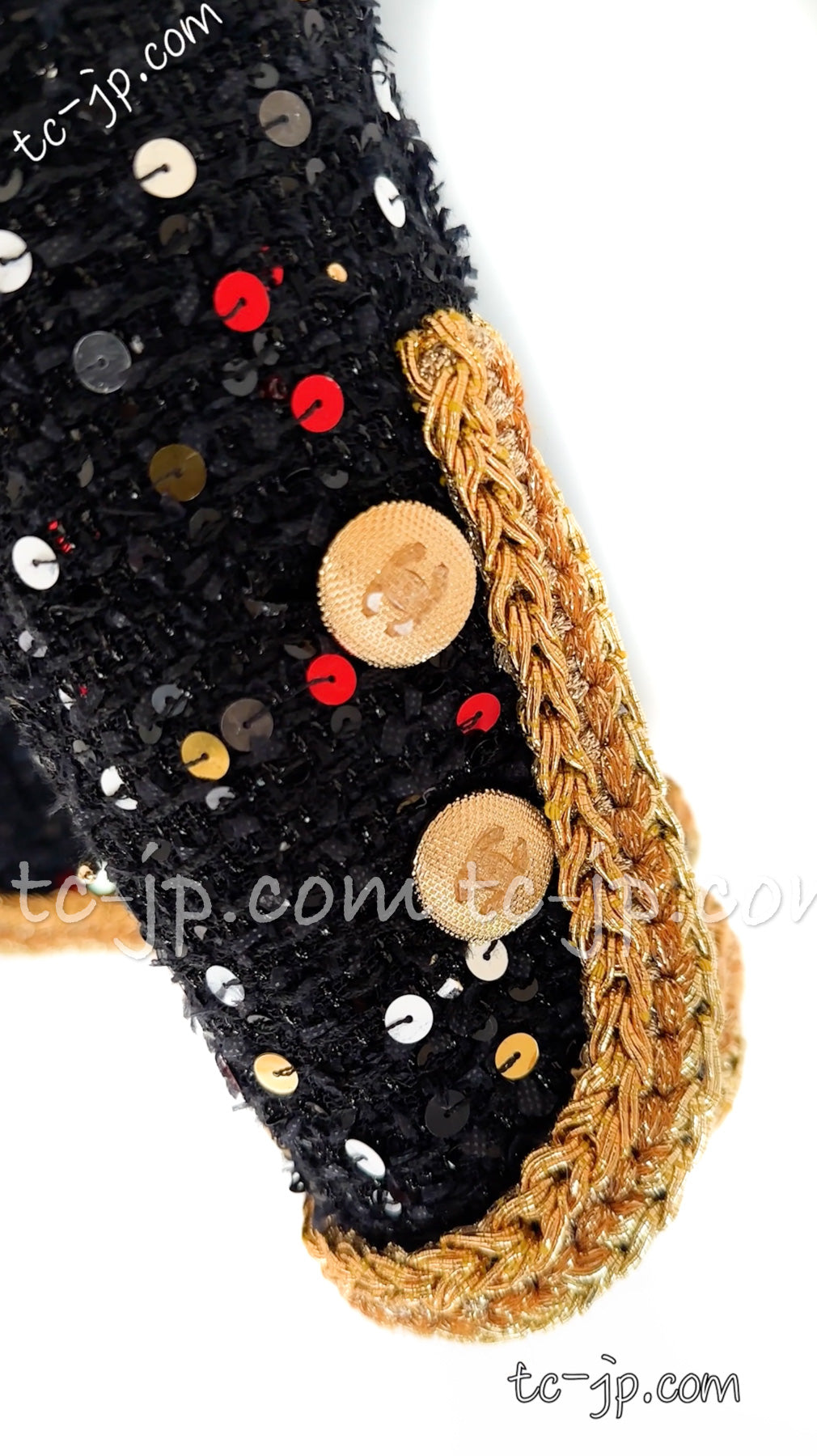 CHANEL 22S Black Sequined Gold Trim Tweed Jacket 36 38 シャネル ブラック スパンコール ゴールド トリム ジャケット 即発