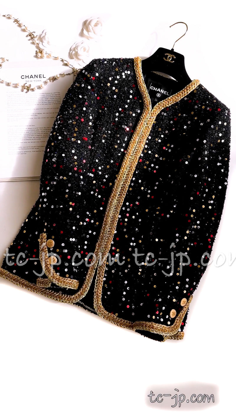 CHANEL 22S Black Sequined Gold Trim Tweed Jacket 36 38 シャネル ブラック スパンコール ゴールド トリム ジャケット 即発