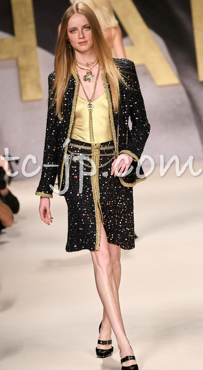 CHANEL 22S Black Sequined Gold Trim Tweed Jacket 36 38 シャネル ブラック スパンコール ゴールド トリム ジャケット 即発