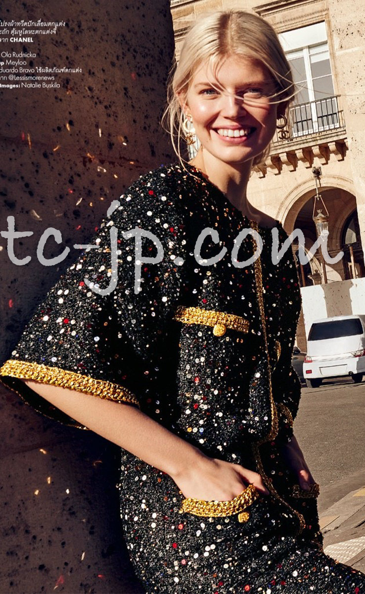 CHANEL 22S Black Sequined Gold Trim Tweed Jacket 36 38 シャネル ブラック スパンコール ゴールド トリム ジャケット 即発