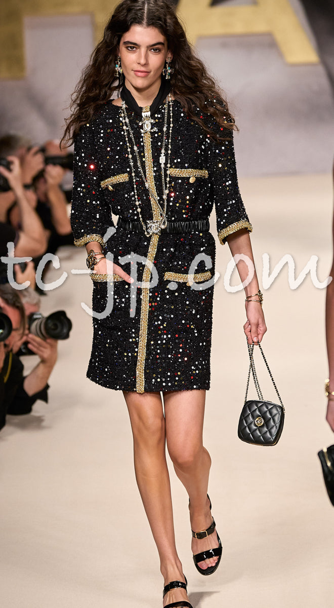 CHANEL 22S Black Sequined Gold Trim Tweed Jacket 36 38 シャネル ブラック スパンコール ゴールド トリム ジャケット 即発