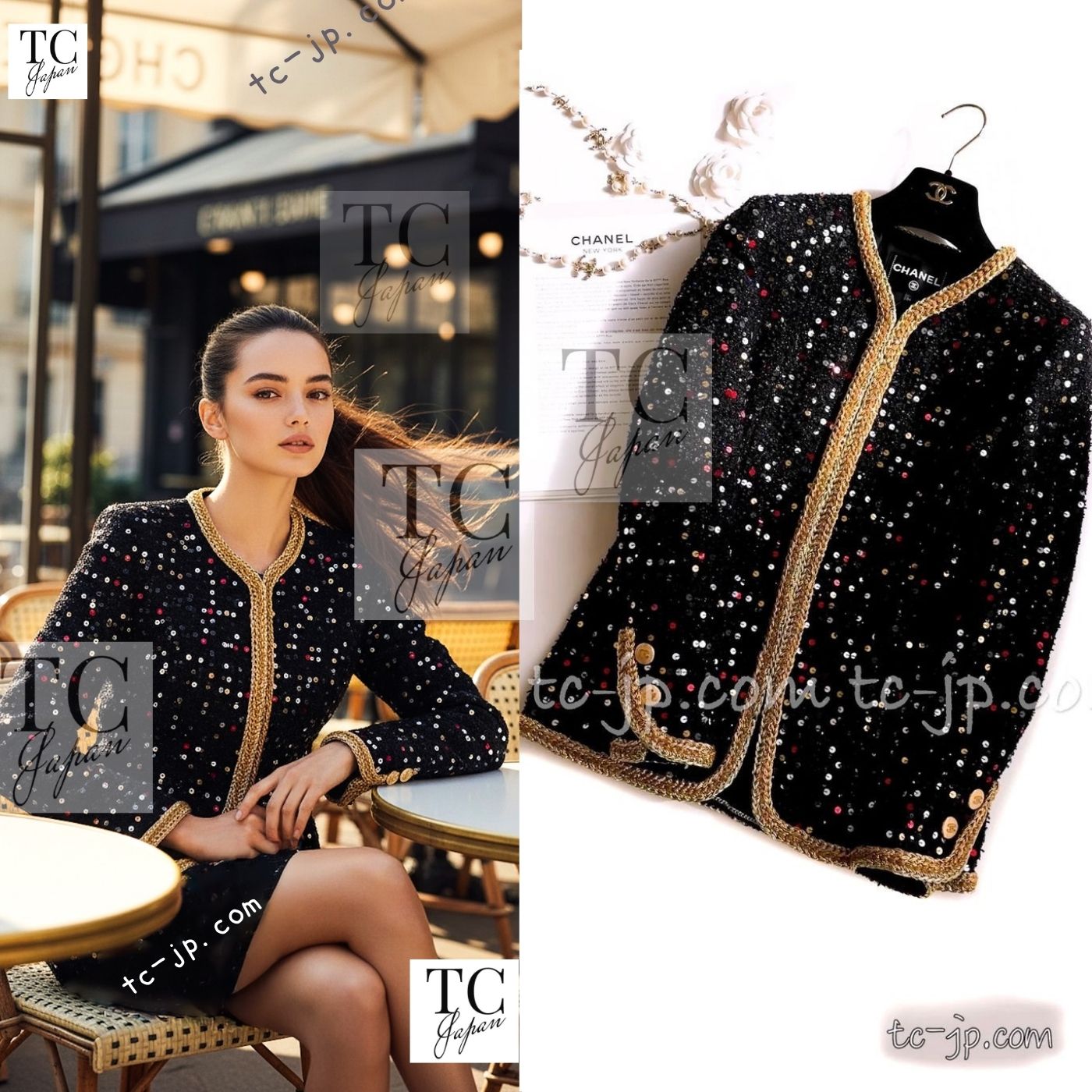 CHANEL 22S Black Sequined Gold Trim Tweed Jacket Coat 36 38 シャネル ブラック スパンコール ゴールド トリム ジャケット コート 即発