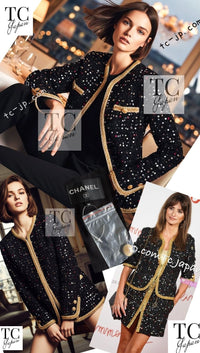 CHANEL 22S Black Sequined Gold Trim Tweed Jacket Coat 36 38 シャネル ブラック スパンコール ゴールド トリム ジャケット コート 即発