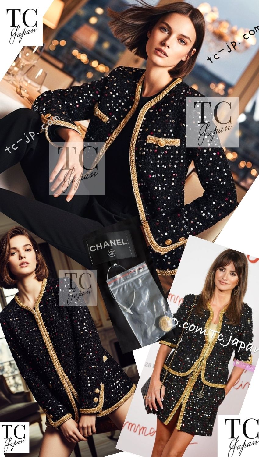 CHANEL 22S Black Sequined Gold Trim Tweed Jacket Coat 36 38 シャネル ブラック スパンコール ゴールド トリム ジャケット コート 即発