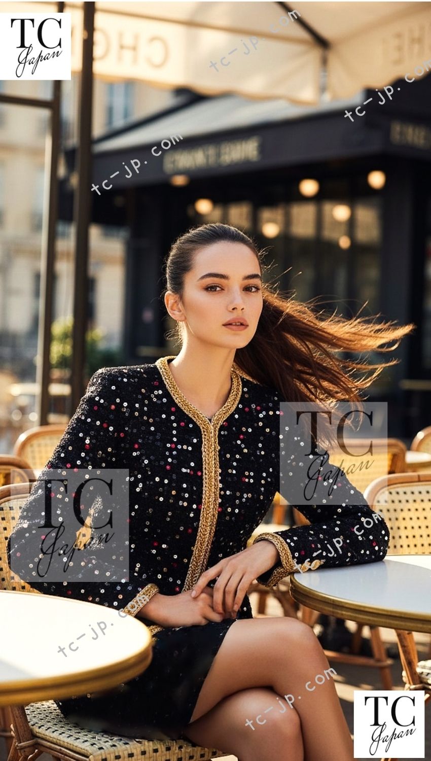 CHANEL 22S Black Sequined Gold Trim Tweed Jacket Coat 36 38 シャネル ブラック スパンコール ゴールド トリム ジャケット コート 即発 - TC JAPAN