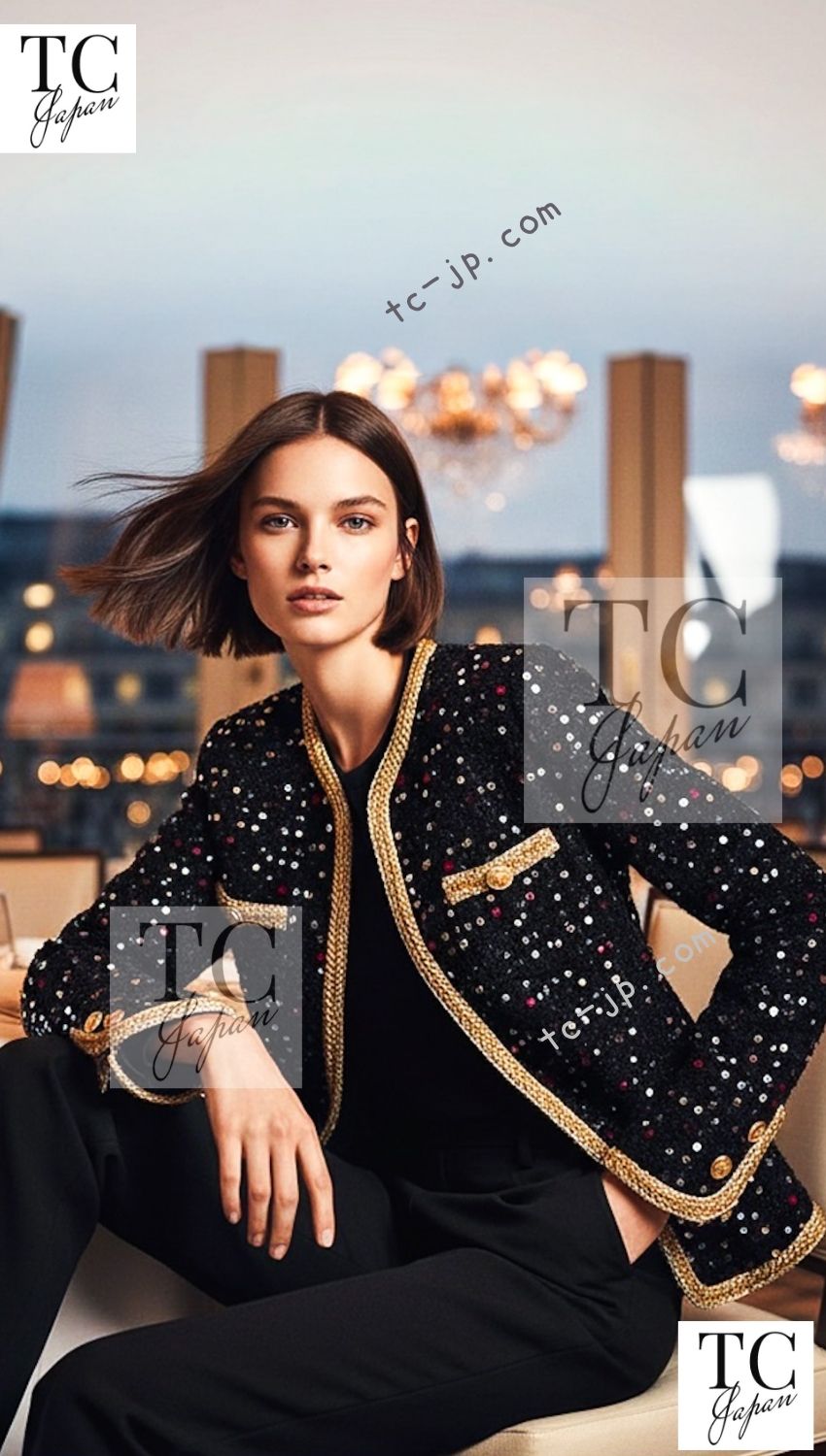 CHANEL 22S Black Sequined Gold Trim Tweed Jacket Coat 36 38 シャネル ブラック スパンコール ゴールド トリム ジャケット コート 即発 - TC JAPAN