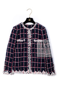 CHANEL 19A Navy Red Ivory Collarless Wool Tweed Jacket 34 36 シャネル ネイビー レッド アイボリー ノーカラー ウール ツイード ジャケット 即発
