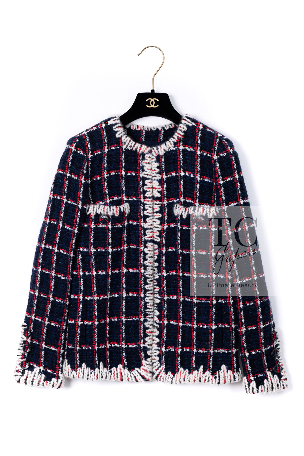 CHANEL 19A Navy Red Ivory Collarless Wool Tweed Jacket 34 36 シャネル ネイビー レッド アイボリー ノーカラー ウール ツイード ジャケット 即発