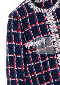 CHANEL 19A Navy Red Ivory Collarless Wool Tweed Jacket 34 36 シャネル ネイビー レッド アイボリー ノーカラー ウール ツイード ジャケット 即発