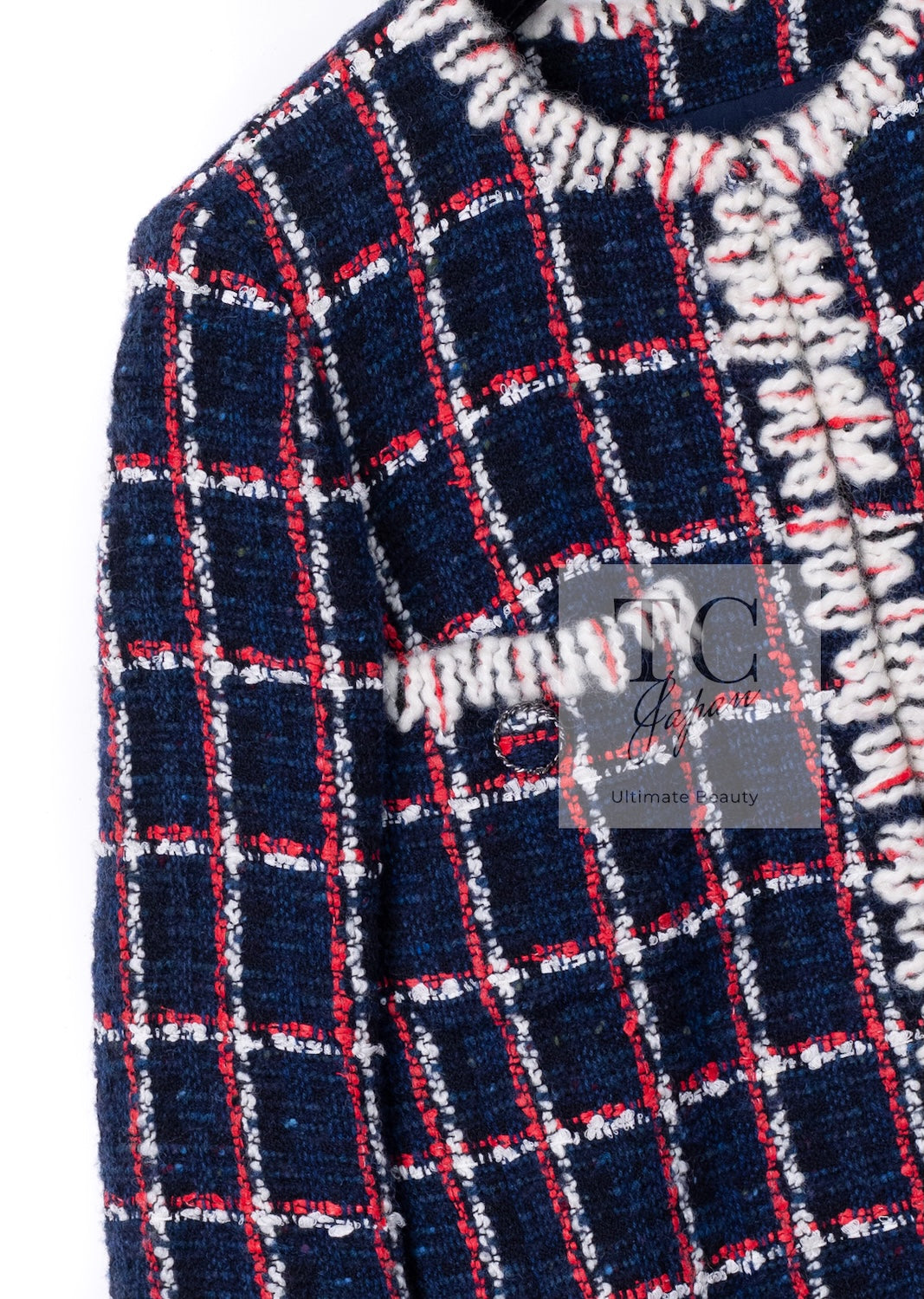 CHANEL 19A Navy Red Ivory Collarless Wool Tweed Jacket 34 36 シャネル ネイビー レッド アイボリー ノーカラー ウール ツイード ジャケット 即発