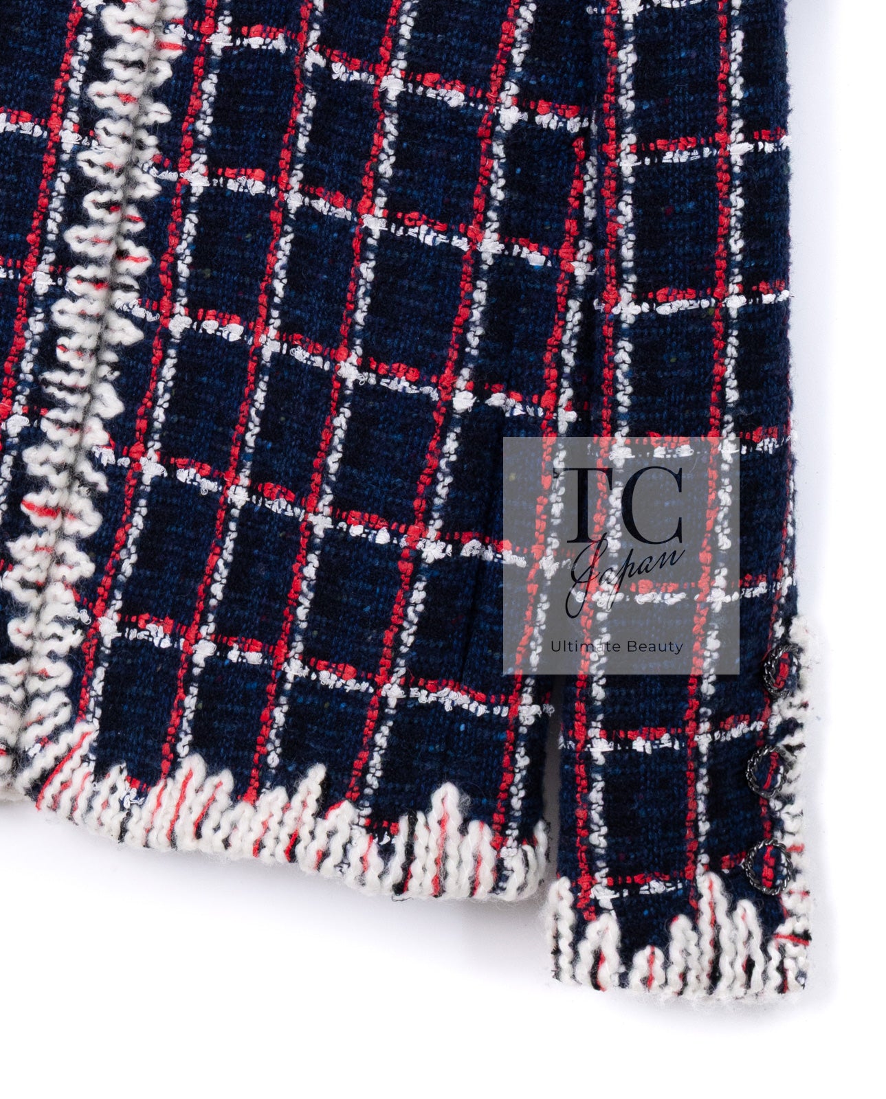 CHANEL 19A Navy Red Ivory Collarless Wool Tweed Jacket 34 36 シャネル ネイビー レッド アイボリー ノーカラー ウール ツイード ジャケット 即発
