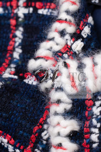 CHANEL 19A Navy Red Ivory Collarless Wool Tweed Jacket 34 36 シャネル ネイビー レッド アイボリー ノーカラー ウール ツイード ジャケット 即発