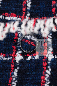 CHANEL 19A Navy Red Ivory Collarless Wool Tweed Jacket 34 36 シャネル ネイビー レッド アイボリー ノーカラー ウール ツイード ジャケット 即発