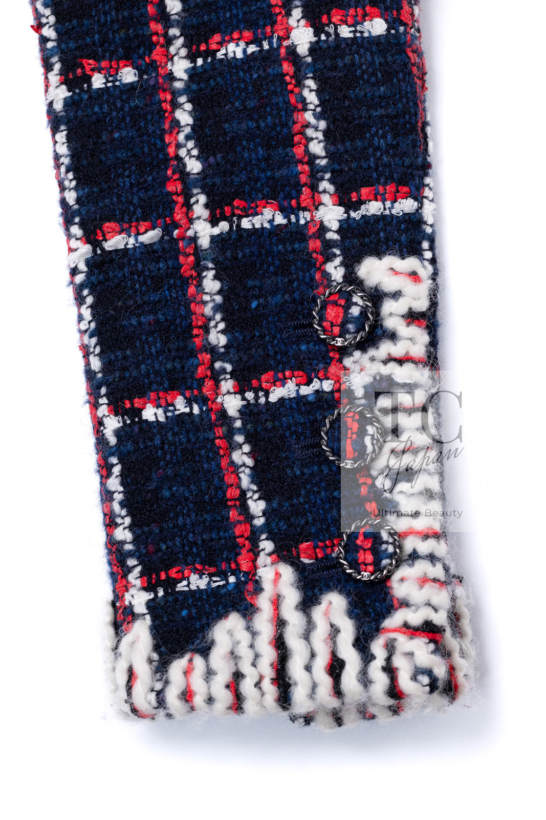 CHANEL 19A Navy Red Ivory Collarless Wool Tweed Jacket 34 36 シャネル ネイビー レッド アイボリー ノーカラー ウール ツイード ジャケット 即発