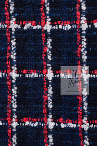 CHANEL 19A Navy Red Ivory Collarless Wool Tweed Jacket 34 36 シャネル ネイビー レッド アイボリー ノーカラー ウール ツイード ジャケット 即発