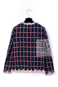 CHANEL 19A Navy Red Ivory Collarless Wool Tweed Jacket 34 36 シャネル ネイビー レッド アイボリー ノーカラー ウール ツイード ジャケット 即発