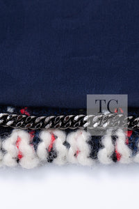 CHANEL 19A Navy Red Ivory Collarless Wool Tweed Jacket 34 36 シャネル ネイビー レッド アイボリー ノーカラー ウール ツイード ジャケット 即発