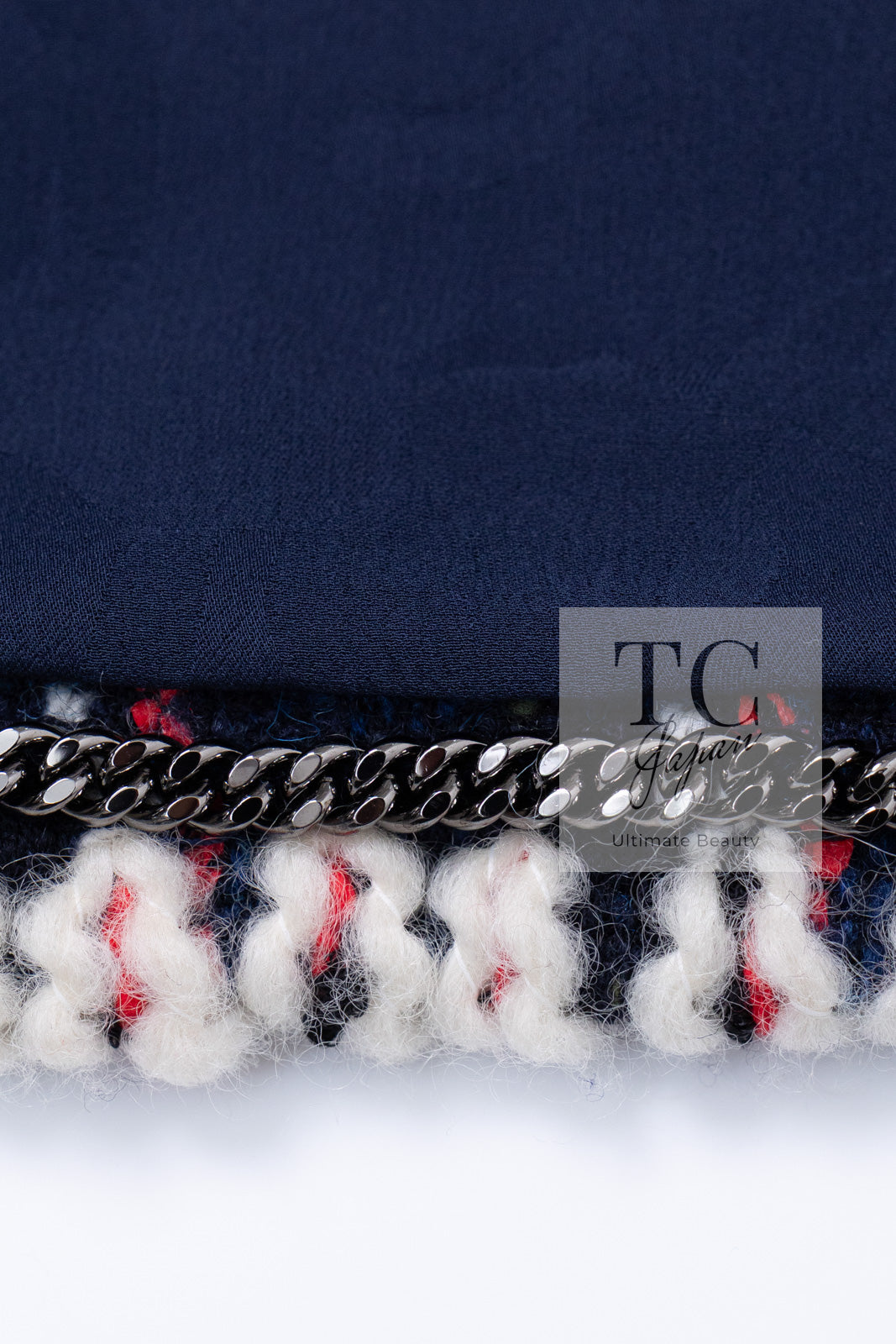 CHANEL 19A Navy Red Ivory Collarless Wool Tweed Jacket 34 36 シャネル ネイビー レッド アイボリー ノーカラー ウール ツイード ジャケット 即発