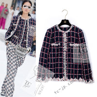 CHANEL 19A Navy Red Ivory Collarless Wool Tweed Jacket 34 36 シャネル ネイビー レッド アイボリー ノーカラー ウール ツイード ジャケット 即発 - TC JAPAN
