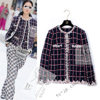CHANEL 19A Navy Red Ivory Collarless Wool Tweed Jacket 34 36 シャネル ネイビー レッド アイボリー ノーカラー ウール ツイード ジャケット 即発