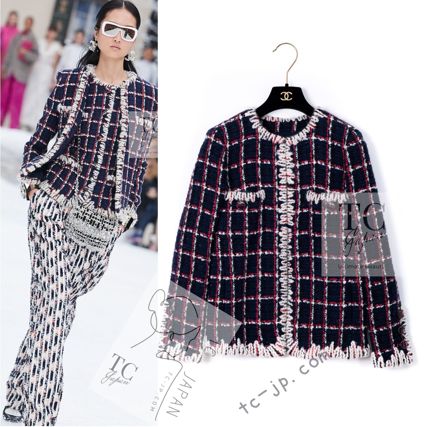 CHANEL 19A Navy Red Ivory Collarless Wool Tweed Jacket 34 36 シャネル ネイビー レッド アイボリー ノーカラー ウール ツイード ジャケット 即発