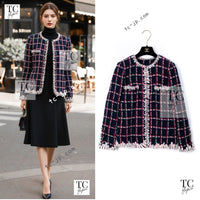 CHANEL 19A Navy Red Ivory Collarless Wool Tweed Jacket 34 36 シャネル ネイビー レッド アイボリー ノーカラー ウール ツイード ジャケット 即発