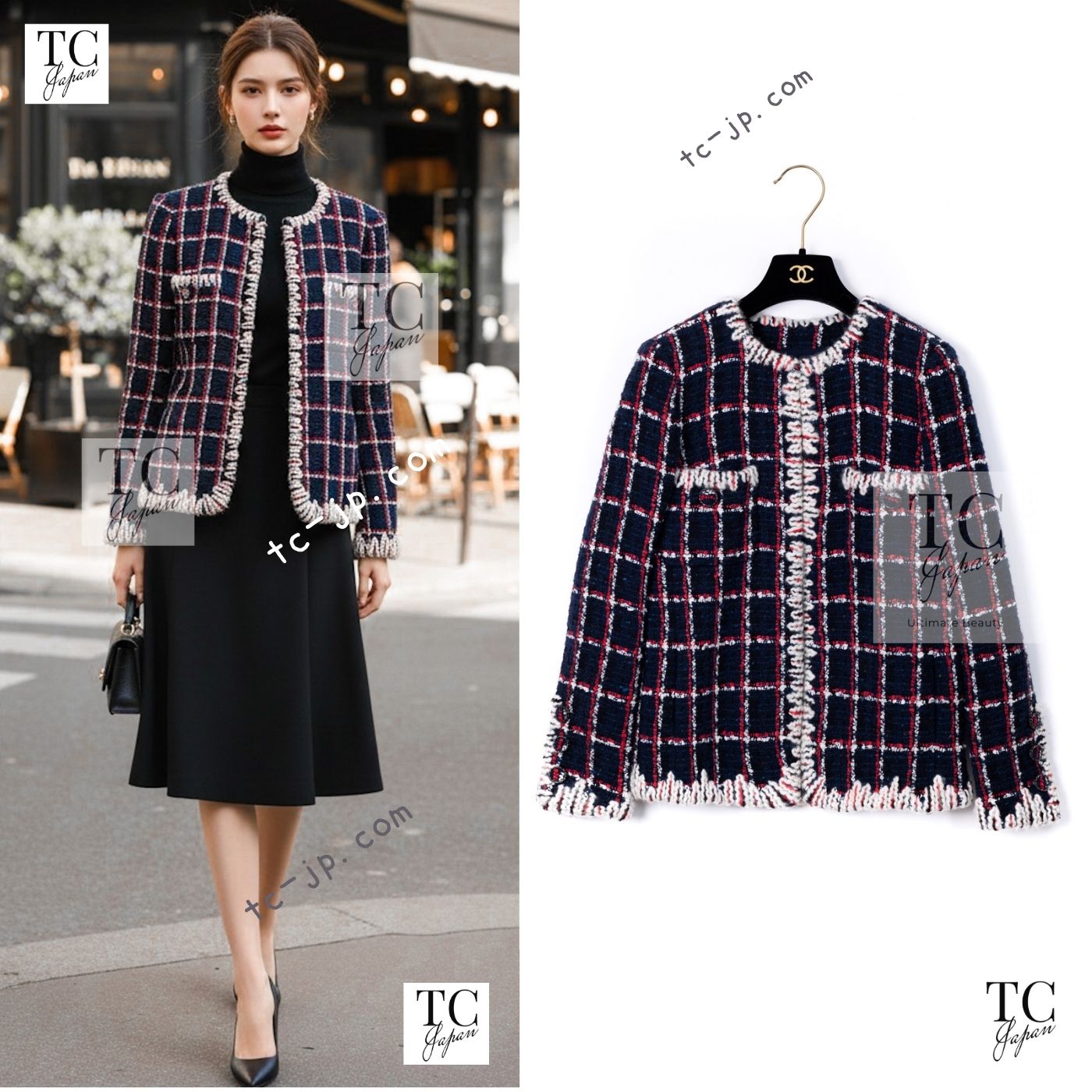 CHANEL 19A Navy Red Ivory Collarless Wool Tweed Jacket 34 36 シャネル ネイビー レッド アイボリー ノーカラー ウール ツイード ジャケット 即発