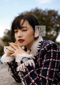 CHANEL 19A Navy Red Ivory Collarless Wool Tweed Jacket 34 36 シャネル ネイビー レッド アイボリー ノーカラー ウール ツイード ジャケット 即発