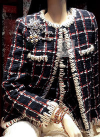 CHANEL 19A Navy Red Ivory Collarless Wool Tweed Jacket 34 36 シャネル ネイビー レッド アイボリー ノーカラー ウール ツイード ジャケット 即発