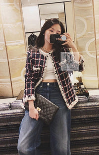 CHANEL 19A Navy Red Ivory Collarless Wool Tweed Jacket 34 36 シャネル ネイビー レッド アイボリー ノーカラー ウール ツイード ジャケット 即発