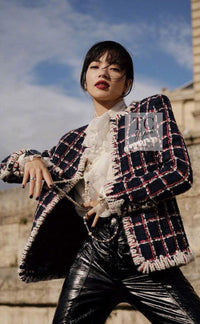 CHANEL 19A Navy Red Ivory Collarless Wool Tweed Jacket 34 36 シャネル ネイビー レッド アイボリー ノーカラー ウール ツイード ジャケット 即発