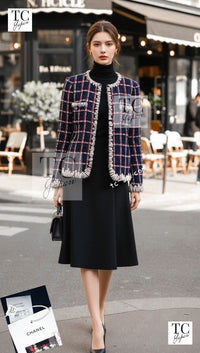 CHANEL 19A Navy Red Ivory Collarless Wool Tweed Jacket 34 36 シャネル ネイビー レッド アイボリー ノーカラー ウール ツイード ジャケット 即発