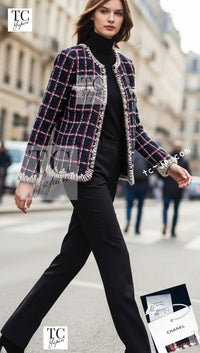 CHANEL 19A Navy Red Ivory Collarless Wool Tweed Jacket 34 36 シャネル ネイビー レッド アイボリー ノーカラー ウール ツイード ジャケット 即発