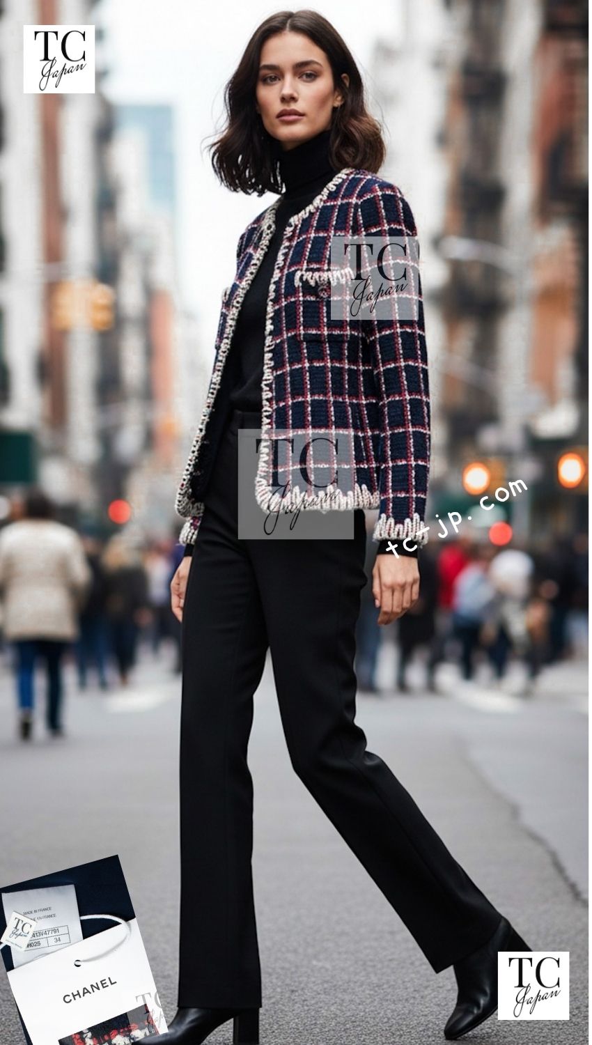 CHANEL 19A Navy Red Ivory Collarless Wool Tweed Jacket 34 36 シャネル ネイビー レッド アイボリー ノーカラー ウール ツイード ジャケット 即発