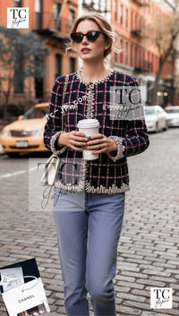 CHANEL 19A Navy Red Ivory Collarless Wool Tweed Jacket 34 36 シャネル ネイビー レッド アイボリー ノーカラー ウール ツイード ジャケット 即発