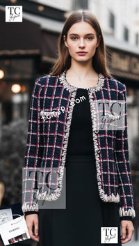 CHANEL 19A Navy Red Ivory Collarless Wool Tweed Jacket 34 36 シャネル ネイビー レッド アイボリー ノーカラー ウール ツイード ジャケット 即発
