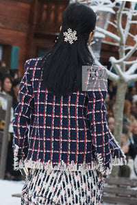 CHANEL 19A Navy Red Ivory Collarless Wool Tweed Jacket 34 36 シャネル ネイビー レッド アイボリー ノーカラー ウール ツイード ジャケット 即発