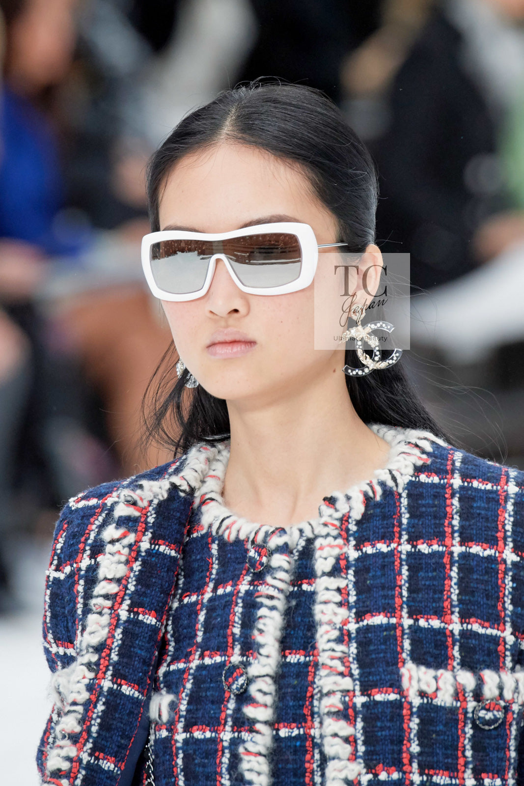 CHANEL 19A Navy Red Ivory Collarless Wool Tweed Jacket 34 36 シャネル ネイビー レッド アイボリー ノーカラー ウール ツイード ジャケット 即発