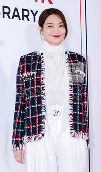 CHANEL 19A Navy Red Ivory Collarless Wool Tweed Jacket 34 36 シャネル ネイビー レッド アイボリー ノーカラー ウール ツイード ジャケット 即発