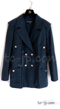 CHANEL 20C Dark Navy Olive Peacoat Cotton Jacket 46 シャネル ダーク ネイビー オリーブ ピーコート コットン ジャケット 即発