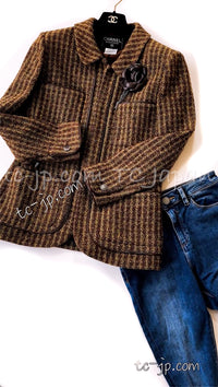 CHANEL 97A Vintage Olive Brown Wool Leather Trim Tweed Jacket 40 42 シャネル オリーブ ブラウン ウール レザー トリム ツイード ジャケット 即発