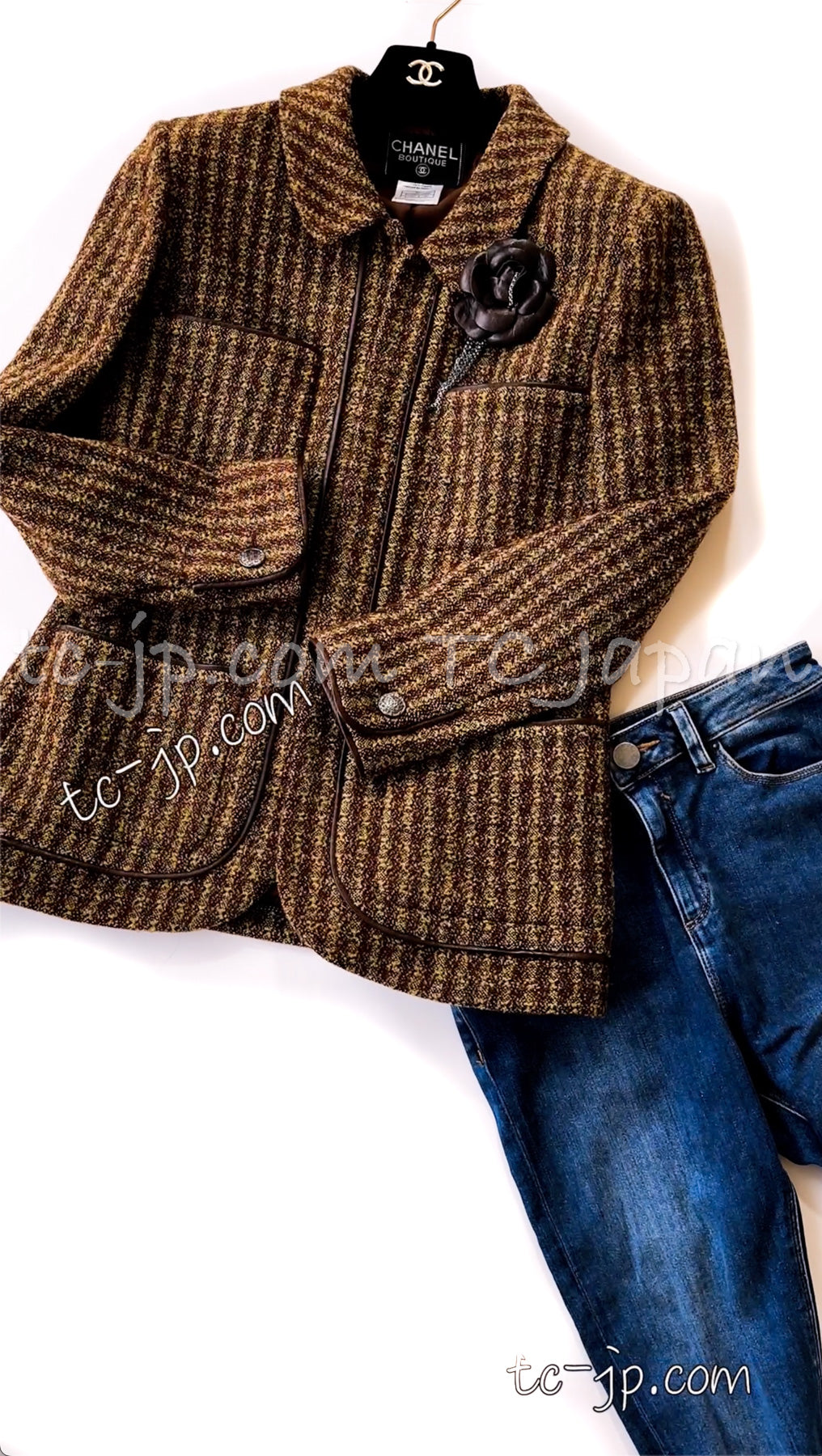 CHANEL 97A Vintage Olive Brown Wool Leather Trim Tweed Jacket 40 42 シャネル オリーブ ブラウン ウール レザー トリム ツイード ジャケット 即発