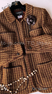 CHANEL 97A Vintage Olive Brown Wool Leather Trim Tweed Jacket 40 42 シャネル オリーブ ブラウン ウール レザー トリム ツイード ジャケット 即発