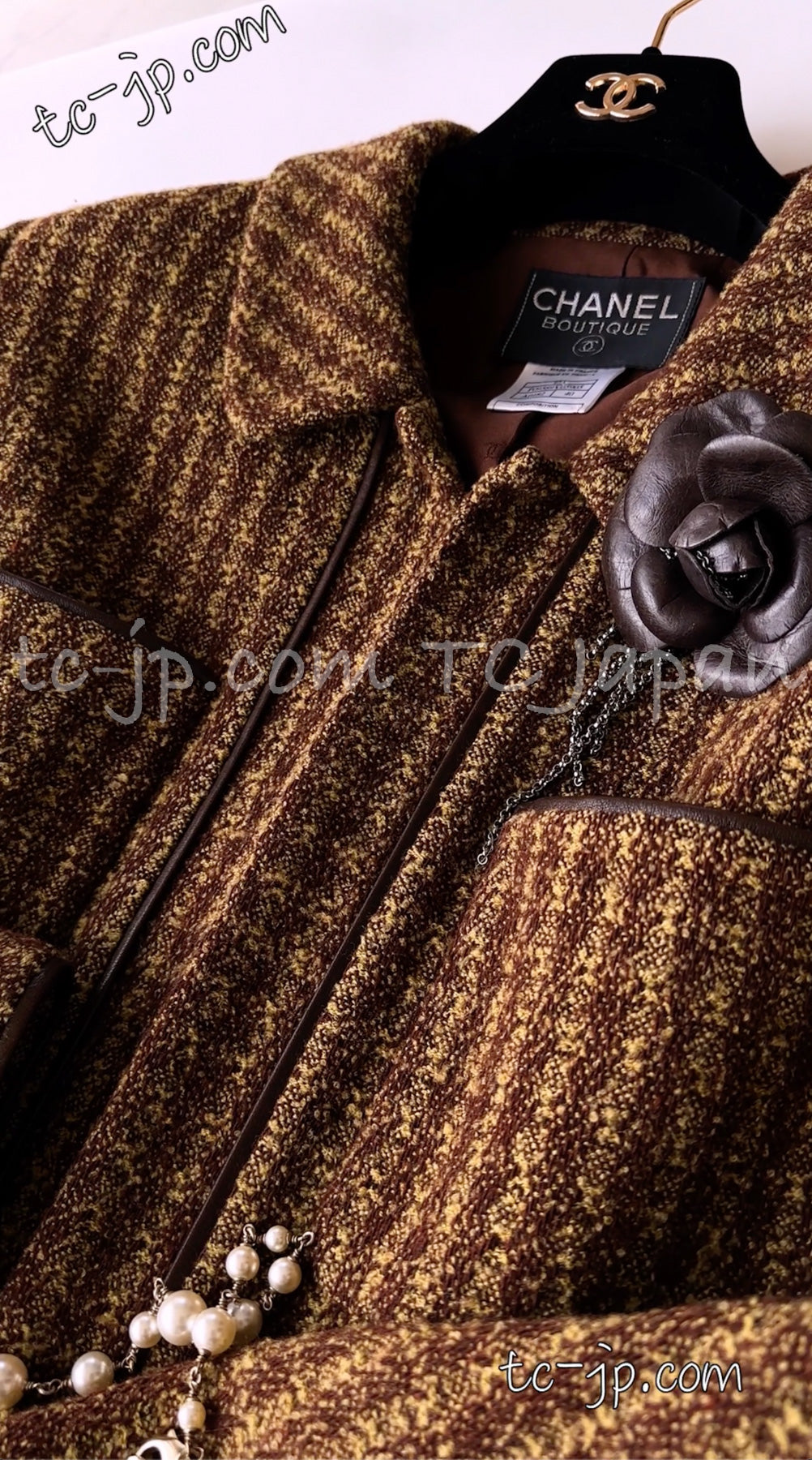 CHANEL 97A Vintage Olive Brown Wool Leather Trim Tweed Jacket 40 42 シャネル オリーブ ブラウン ウール レザー トリム ツイード ジャケット 即発