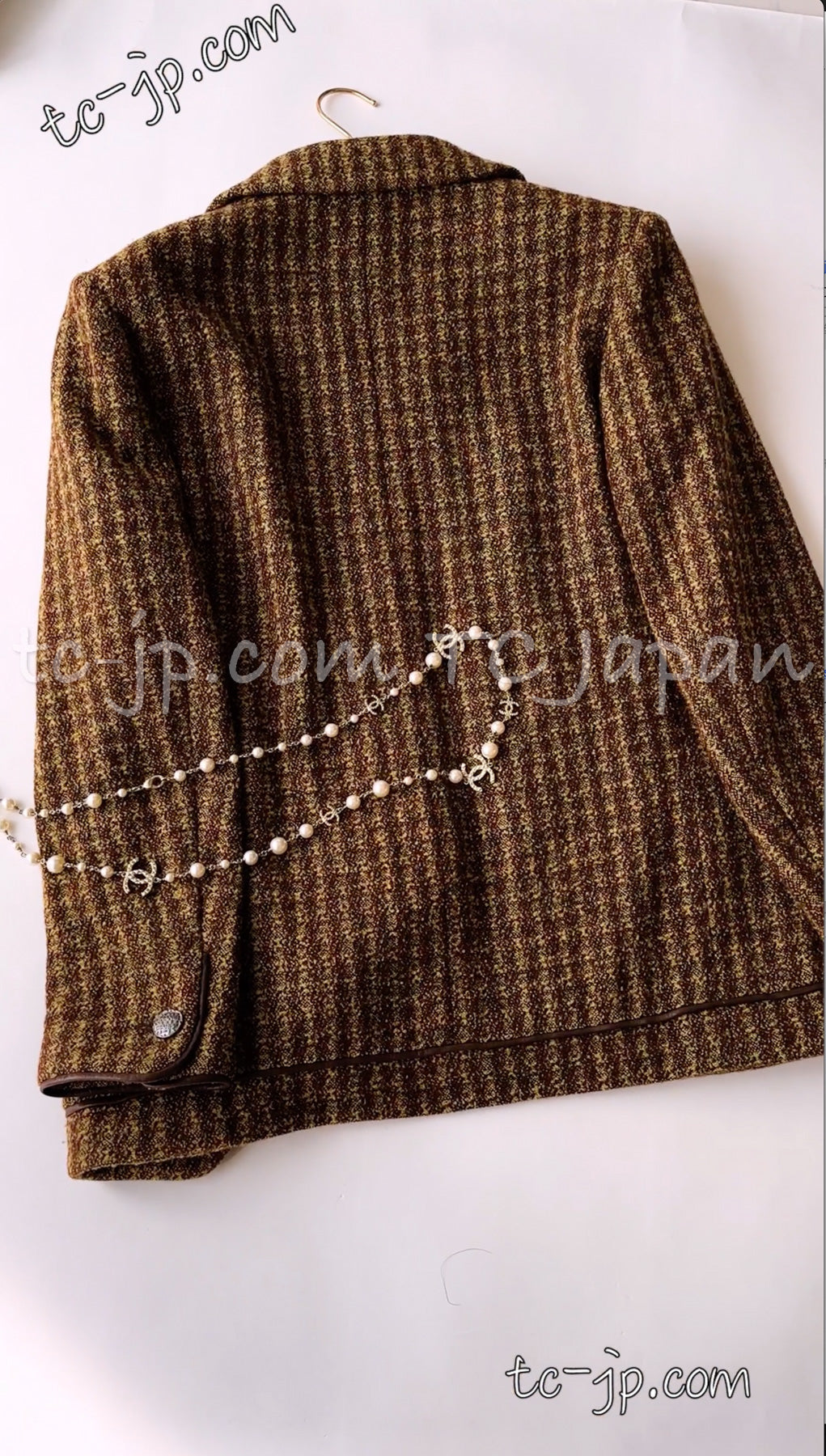 CHANEL 97A Vintage Olive Brown Wool Leather Trim Tweed Jacket 40 42 シャネル オリーブ ブラウン ウール レザー トリム ツイード ジャケット 即発