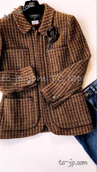 CHANEL 97A Vintage Olive Brown Wool Leather Trim Tweed Jacket 40 42 シャネル オリーブ ブラウン ウール レザー トリム ツイード ジャケット 即発